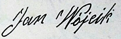 Podpis mojego pradziadka Jana Wójcika w księdze odtworzonych aktów metrykalnych z 1926 roku, sporządzonej po utracie oryginalnych zapisów podczas bieżeństwa.